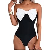 WDIRARA Women's Bowknot Strapless One Piece Swimsuit Colorblock Bandeau Bathing Suit with Removable Strap