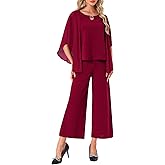 WOMLAYOUT Women's Dressy Pantsuits Wedding 2 Pieces Sets Formal Chiffon Top Mother of Bride Pants Suits