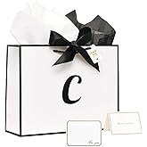 ANFENG Personalized Birthday Gift Bag for Women with Tissue Paper and Card,Initial Thanksgiving Wedding Paper Bag with Bow Ribbon Monogram Bridal Party Favor Anniversary Bag(White Black,Letter C)