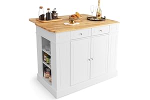 Giantex Kitchen Island with Drop Leaf, Rubber Wood Top, 2 Drawers, Storage Cabinets, Spice Racks, Adjustable Shelves, Stationary Kitchen Table for Home Coffee Bar, 47”x36”x36” (White)