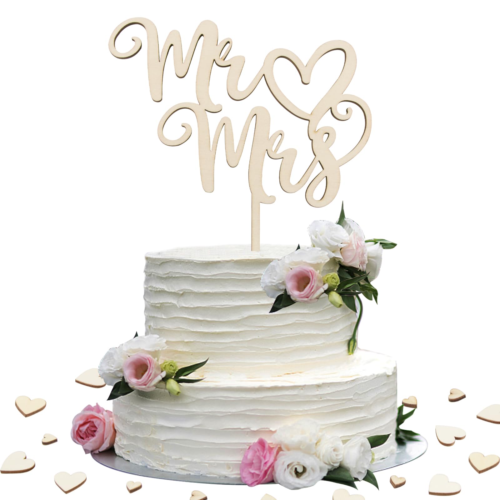 Mr and Mrs Cake Topper Wooden Rustic Wedding Cake Toppers with 50pcs Hearts Table Scatter Wedding Cake Decorations