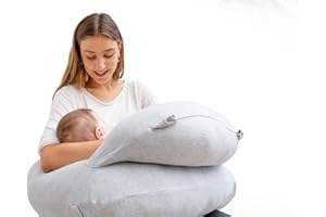 Pharmedoc Nursing Pillow for Breastfeeding - Breast Feeding Pillows with Safety Bumper & Adjustable Waist Straps - Removable Cover, Grey - Baby Essentials for Newborn - Full Support for Mom & Baby