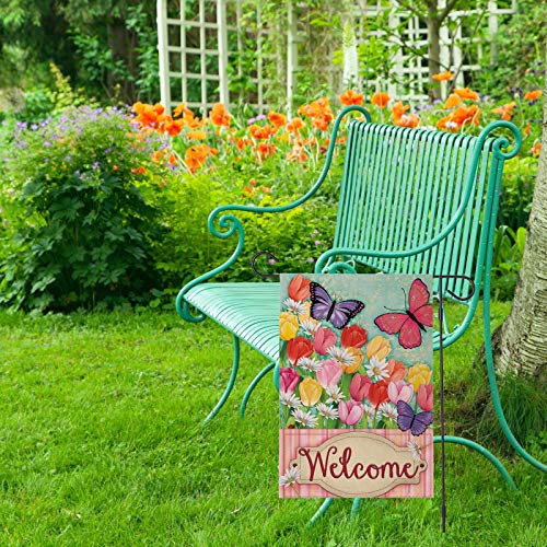 Butterfly Welcome Garden Flag Spring Tulip Flowers Yard Sign Porch Outdoor Flag Small Vertical Burlap Double Sided for… - Image 3