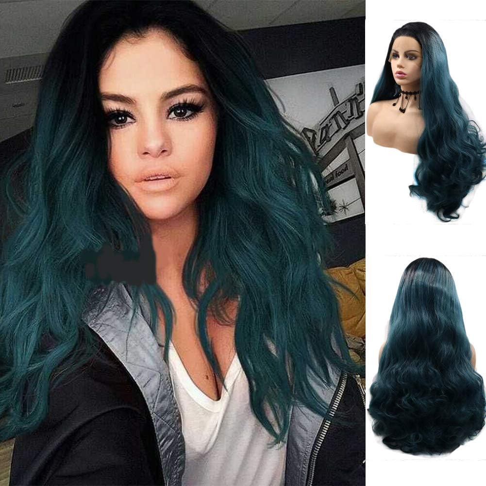 Long Wavy Blue Green Lace Front Wigs for Women Mixed Color Ombre Hair with Dark Roots Wig Heat Resistant Synthetic Wig Cosplay Party Halloween Daily Use Christmas Gtft 24inch