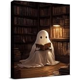 Halloween Ghost Library Reading Wall Art Decorations Spooky Canvas Print | Vintage Dark Academia Ghost Poster Picture Halloween Wall Decor for Home Reading Nook Study 8x10 Inch Framed