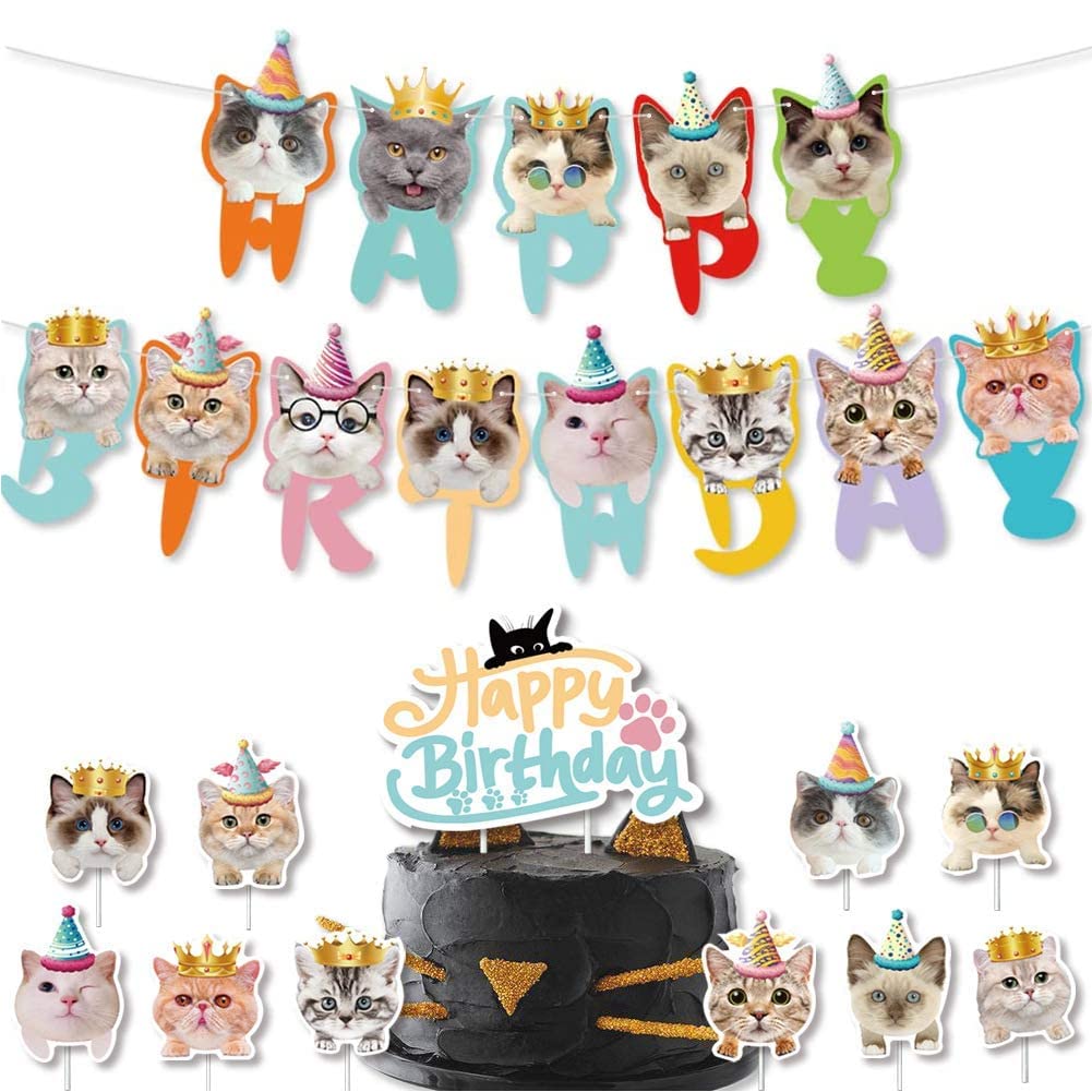 Cat Birthday Decoration Set - 13Pcs Cartoon Banner, 10Pcs Cupcake Toppers, and 1Pc 'Happy Birthday' Topper for Pet Theme Party