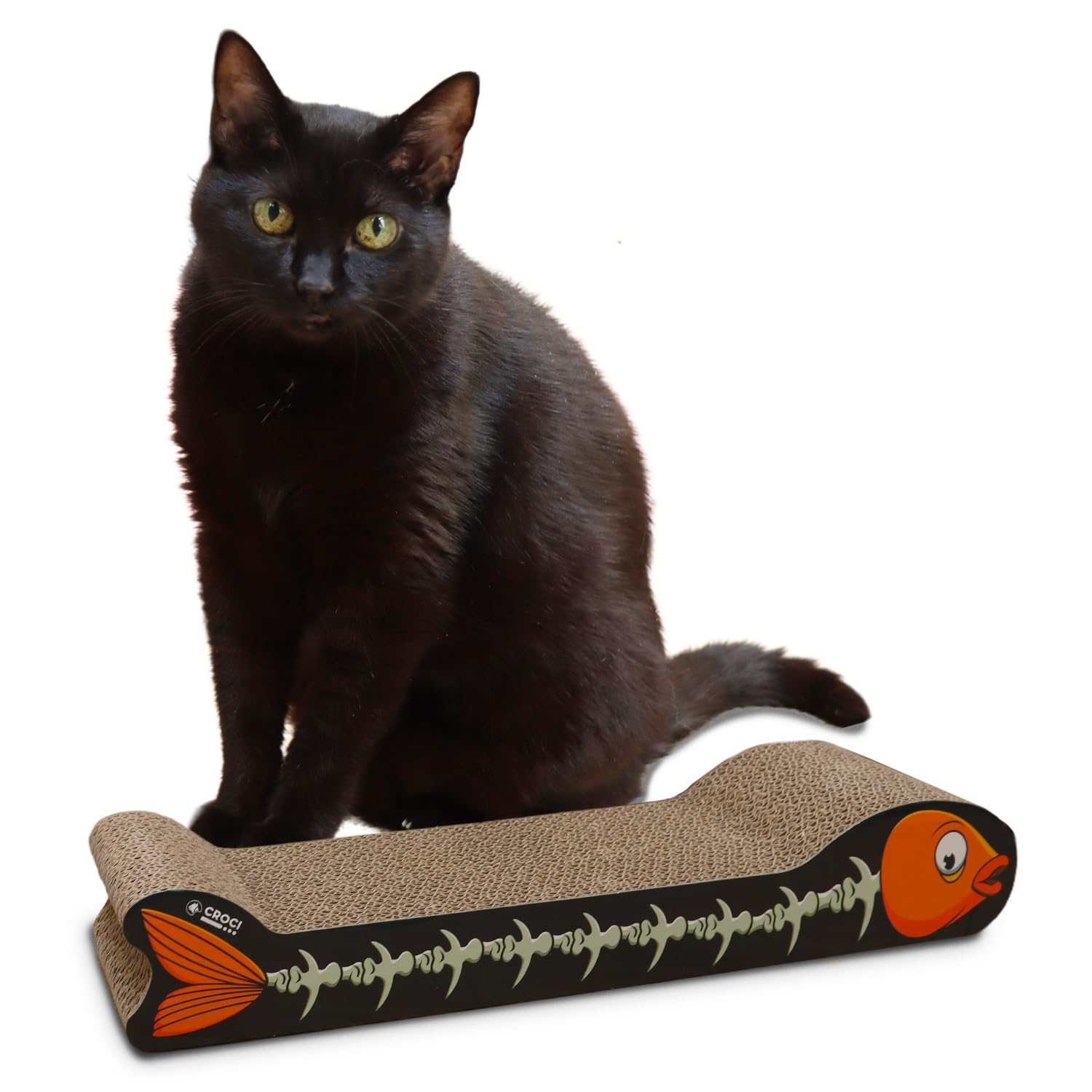 Croci - Cardboard cat scratching post, 2 reversible layers, with non-slip feet, including bag of catnip, Fish style, 44 x 14 x7 cm