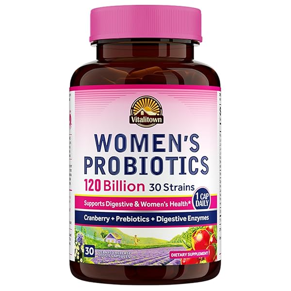 VITALITOWN PROBIOTICS FOR WOMEN 120 BILLION CFUS, 30 STRAINS, WITH PREBIOTICS & DIGESTIVE ENZYMES & CRANBERRY, GUT & VAGINAL HEALTH, VEGAN 30 DELAYED RELEASE CAPS