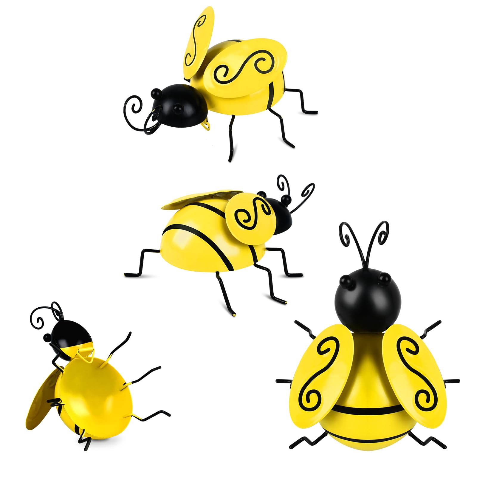 KOLAKO Metal Bees Wall Art, 4PCS Metal Bumble Bee Garden Decorations, 3D Bee Garden Ornaments Outdoor Wall Hanging Bumblebee for Fence, Yard, Lawn