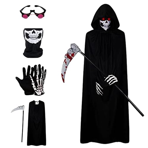 Grim Reaper Costume Set for Kids & Adults – 5PCS Halloween Scary Outfit with Black Hooded Cloak, Skeleton Gloves, Skull Mask, Red-Eye Glasses & Scythe for Cosplay Party Dress Up