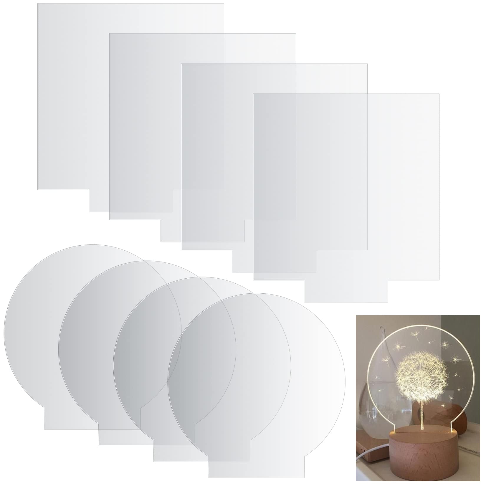 Gaomoeny 8 Pcs Clear Acrylic Set - 4 Circles Disc 4.7", 4 Square Perspex 6x6" - Transparent Plastic Blanks Signs Board Panels for LED Light Base DIY Craft