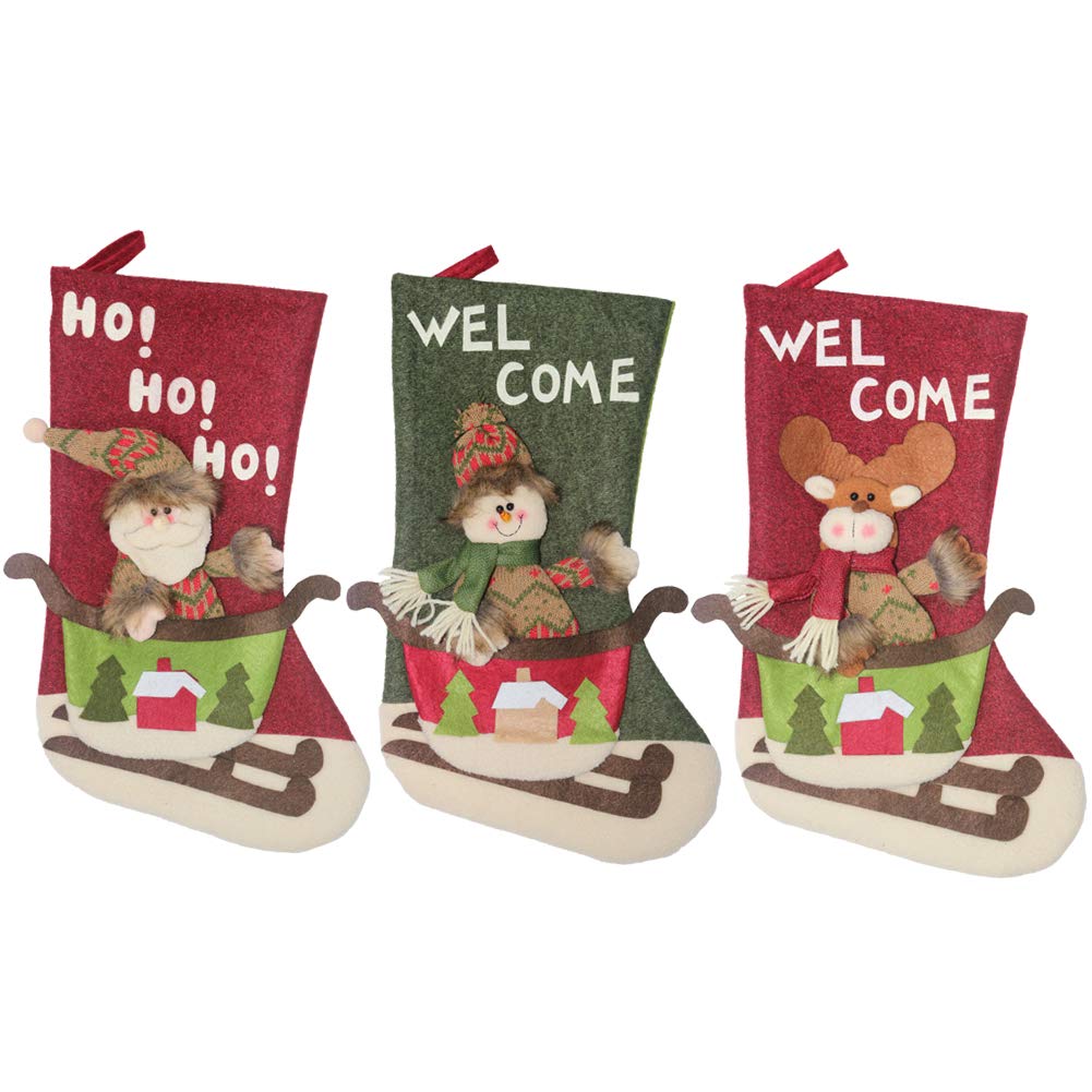Christmas Stocking Set of 3, Xmas Sock Sack Gift Bag for Tree Decoration Christmas Ornament Candy Pouch Bag Theme Santa, Snowman, Reindeer