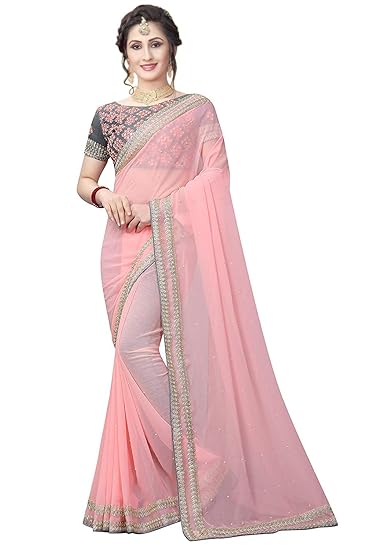 Georgette Saree with Blouse Piece (Tegline Pink_Pink_One Size)