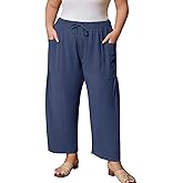 Flygo Plus Size Pants for Women Summer Casual Wide Leg Palazzo Pants Baggy Trousers with Pockets