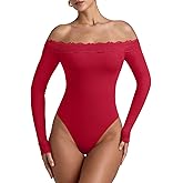 REORIA Women's Sexy Off The Shoulder Long Sleeve Bodysuit Lace Body Suits Going Out Tops Fall Outfit 2025