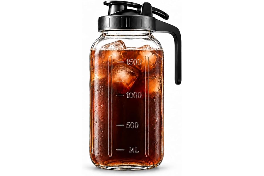 64 oz (2 quart) Mason Jar Pitcher, Glass Pitcher with Lid for Tea | Airtight, Leakproof, Pour Spout Lid, Ergonomic Handle, Fridge Safe, for Sun Tea, Iced Tea, Cold Brew, Lemonade, Outside