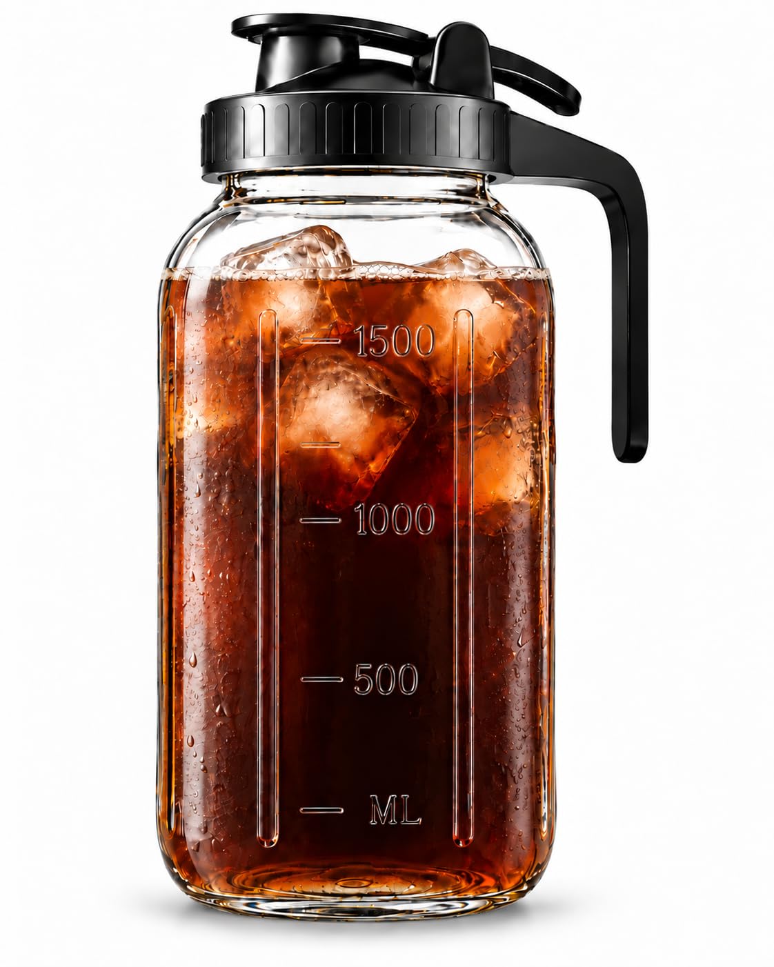 64 oz (2 quart) Mason Jar Pitcher, Glass Pitcher with Lid for Tea | Airtight, Leakproof, Pour Spout Lid, Ergonomic Handle, Fr