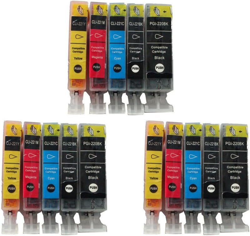 JCPINKTONER(TM) 15 Pack Compatible Ink Cartridge Replacement for Canon PGI-220 and CLI-221 (3 Large Black C-220, 3 Small Black C-221, 3 Cyan, 3 Magenta, 3 Yellow)