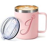 Personalized 12oz Insulated Travel Coffee Mug with Handle and Lid, Stainless Steel Monogram A-Z Floral Double Wall Tumbler for Home Office, Spill Resistant Coffee Cup Gifts for Women Mom Wife (J)