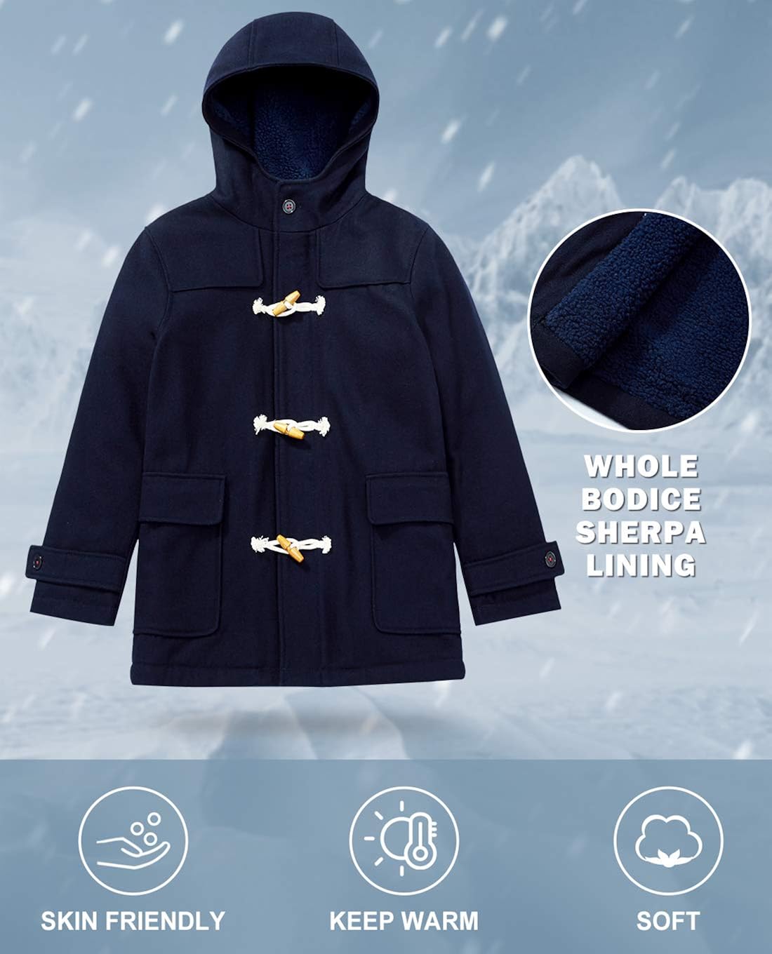 maoo garden Boys Winter Wool Coat Dress Peacoat Kids Heavy Sherpa Jacket Hooded Warm Thicken Windproof Overcoats: Clothing