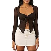 WDIRARA Women's Long Sleeve Front Tie Top Sexy Mesh Bell Sleeve Shirt
