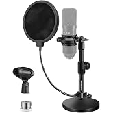 BILIONE Versatile Desktop Microphone Stand, Mic Stand Kit for Desk | 1.5lbs Weighted Base, Height adjustable, With Pop Filter, Shock Mount, Mic Clip, 5/8" to 3/8" Adapter, For Recording &amp; Studio