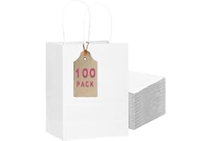 qiqee 100-Packs White Paper Gift Bags with Handles Bulk 11"x5"x8"inch Medium Size Paper Bags Multiple Uses(27x20x12cm,Medium 