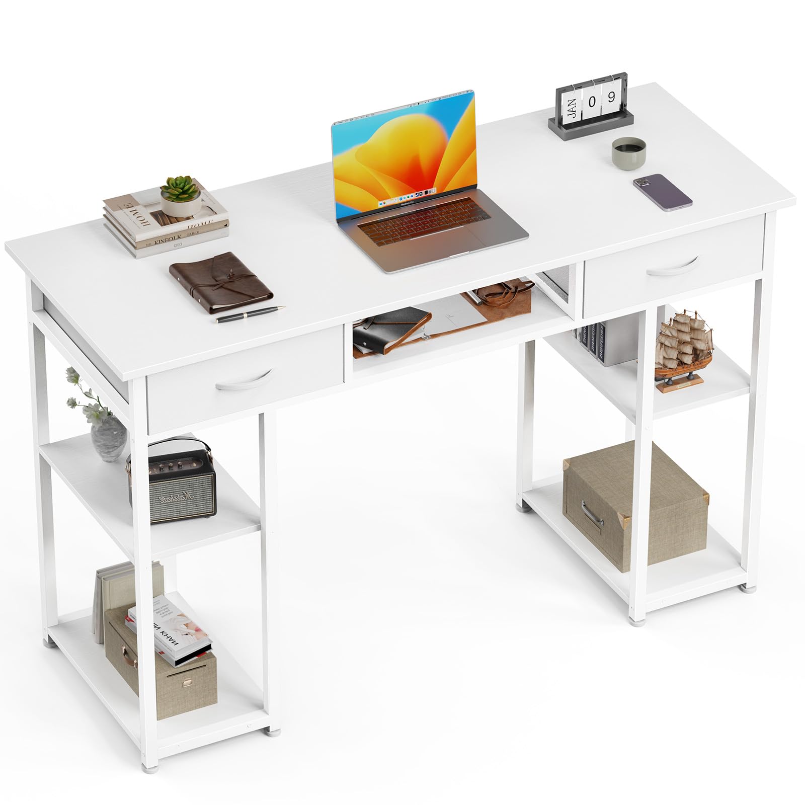 Sweetcrispy Desk with 3 Fabric Drawers, Computer Office 48 Inch Gaming Writing Study 4 Storage Shelves Table for Home Office Bedroom PC Desk, White Image
