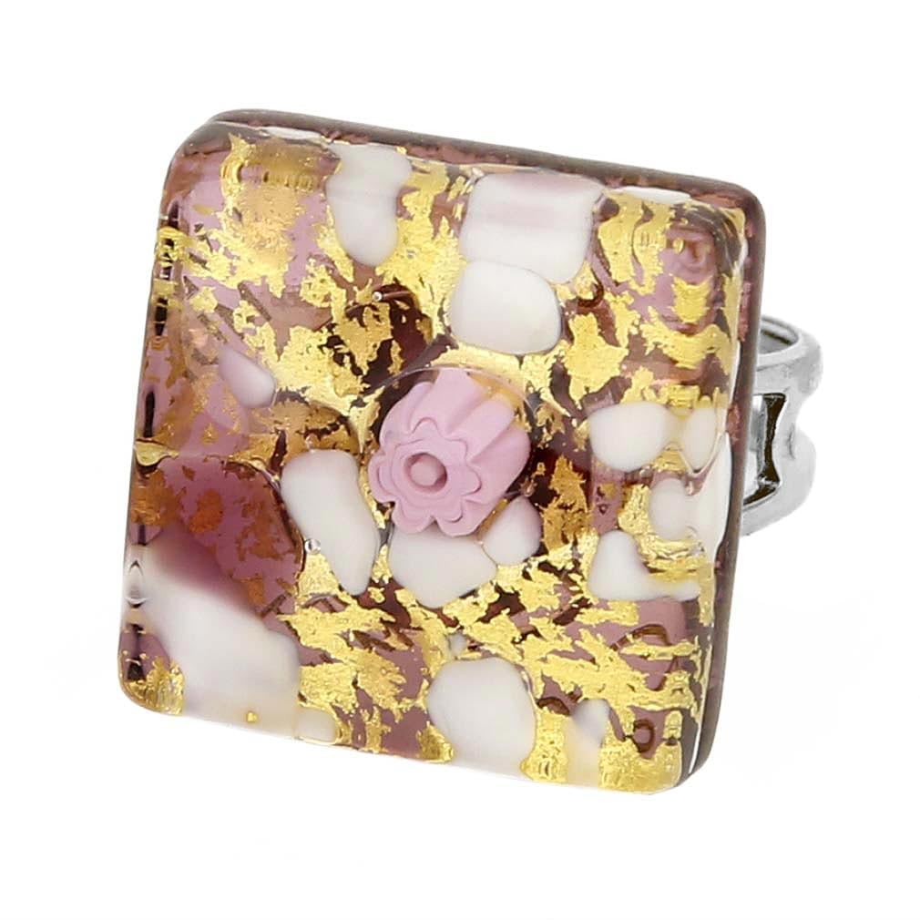 Glass Of Venice Murano Glass Venetian Reflections Square Adjustable Ring - Purple Gold