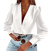 Women's Business Casual Tops Summer Long Sleeve Button Down Shirts V Neck Chiffon Blouses