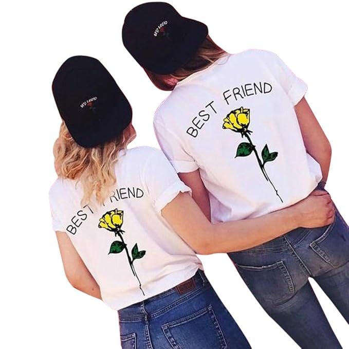 Oberteile Damen Sommer, Ulanda Best Friends Sister T-Shirt mit Rose Stickerei Bedruckte für Einem Frauen Teenager Mädchen Kur