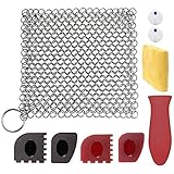 LIVEHITOP Cast Iron Cleaner Set 9 Packs, XL 8x6 Stainless Steel Cast Iron Cleaning Kit, Pan Scraper Plastic Set Tool and Silicone Hot Handle Holder for Cast Iron Skillets Frying Pans, Gifts for Kitche