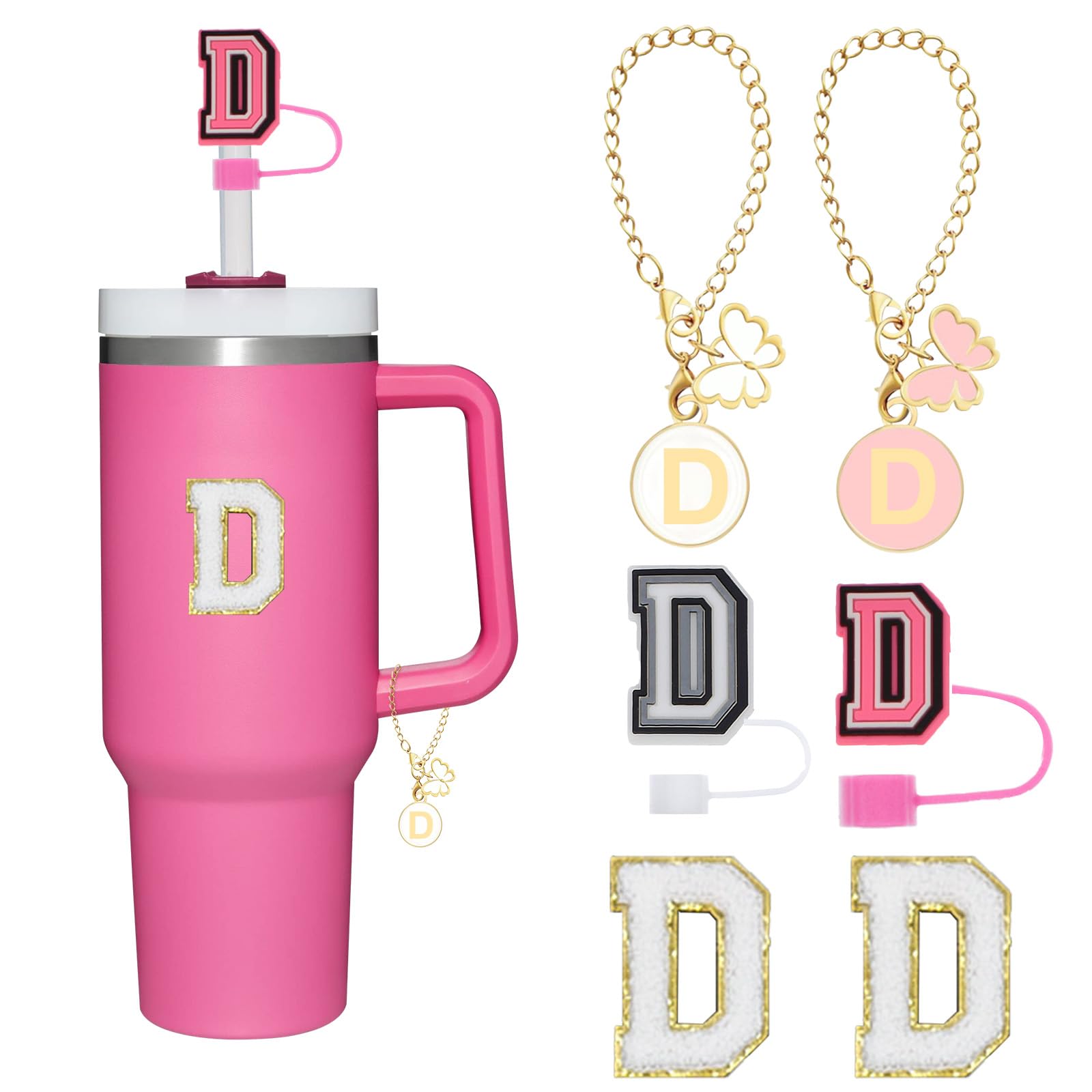 Reusable Straw Cover for Stanley Cup Accessories, 2Pcs Dustproof Straw Covers with Letter Charms and Personalized Name Stickers(D)