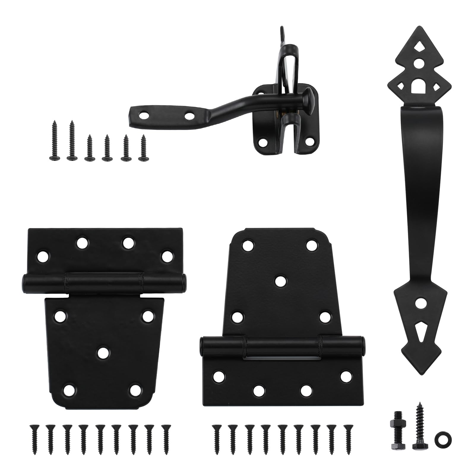 Photo 1 of HOME MASTER HARDWARE Wood Gate Hardware Set - Heavy Duty 3-1/2in T Hinge & Self-Locking Latch & Decorative Handle with Screws for Outdoor Fence Swing Gate Black Finish