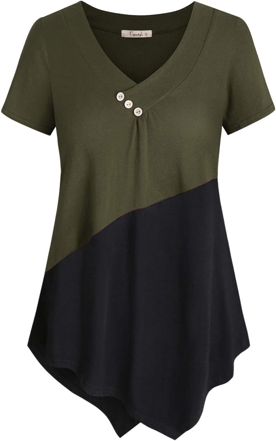 Cyanstyle Women's Button V Neck Short Sleeve Color Block Shirt Tunic Blouse Top