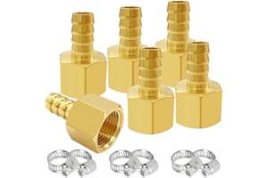 Uenede 6PCS Brass Hose Barb Fittings 1/4" NPT Female to 1/4" Barb Adapter Connector Include 6 Stainless Steel Clamps for Water/Oil/Gas
