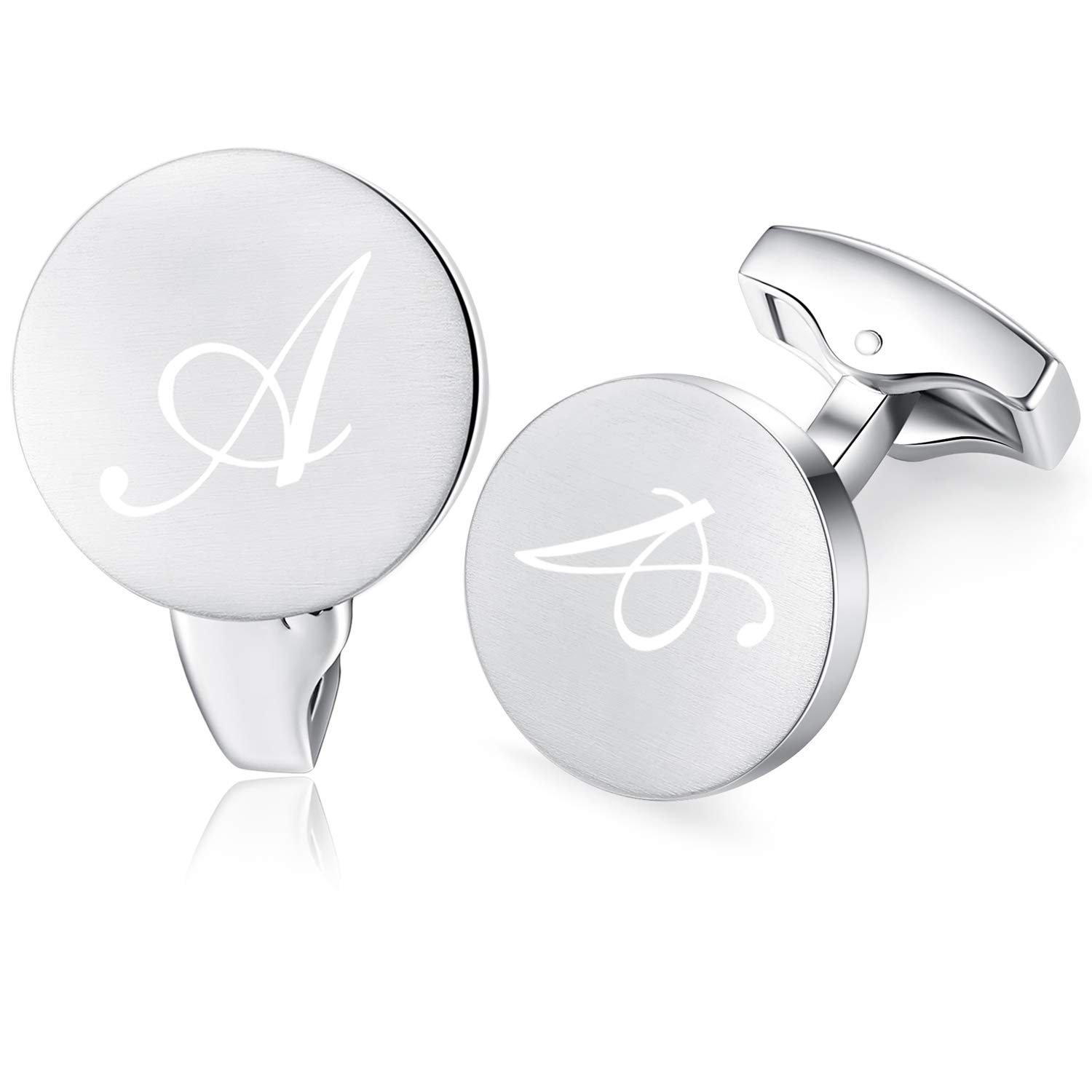 Honey Bear Initial Alphabet Letter Cufflinks for Men, Silver Round Shape Stainless Steel Wedding Business Gifts A - Z (A)