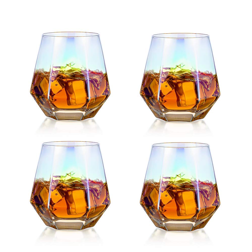 Diamond Whiskey Glasses Set of 4 Water Juice Tumbler Tilted Scotch Glass 300ml Whisky Glass Modern Look Glassware for Bourbon/Rum/Bar Tumbler