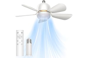 WAFIET Socket Fan Light with Remote, Ceiling Fan with 3 Lighting Color, 5 Wind Speeds Screw in Socket Light Fan for Garage, Bathroom, Bedroom, Kitchen, Small Living Room, White