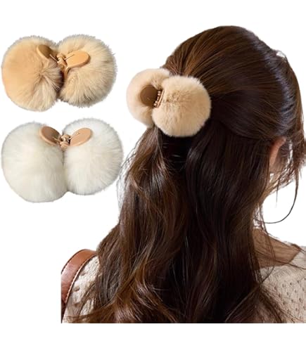 Faux Fur Brown Pom Trim Hair Accessory Amazon.com : 2PCS Pom Pom Faux Fur Hair Clip Large Fluffy  main image 2