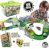 JITTERYGIT Dinosaur Jurassic Race Track Train Glow in The Dark World Toy Set, Kids Dino Racetrack Park Includes T-Rex & Triceratops Playset - Best Birthday Gift for Boys & Girls 3 4 5 6 7 8 Year Old