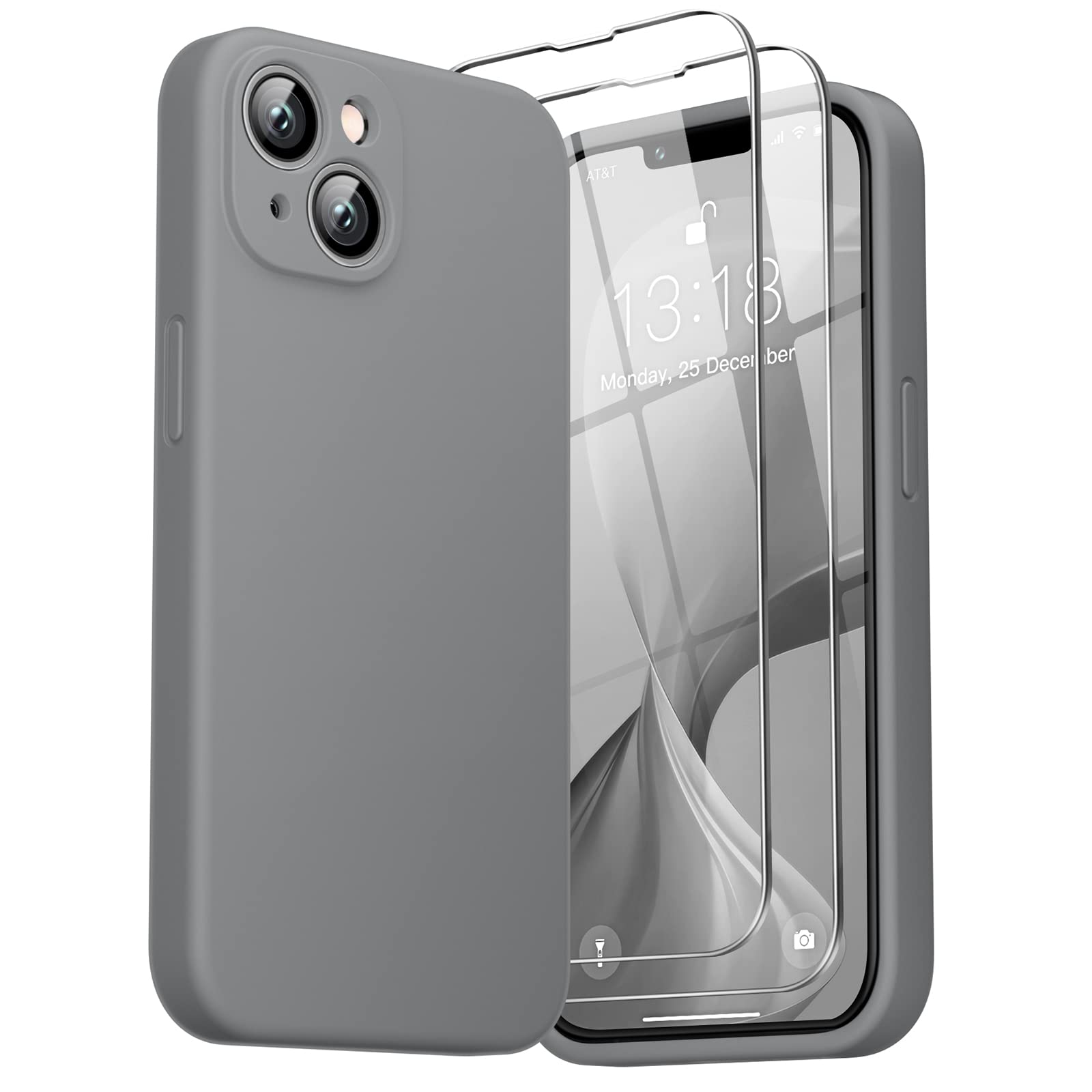 GOODVISH [3 in 1 Designed for iPhone 14 Case, iPhone 13 Case Liquid Silicone (6.1" Regular), [Upgraded Camera Protection][ 2 Pack Screen Protector] Shockproof, Anti-Scratch Gel Slim Phone Cover, Grey — image 1
