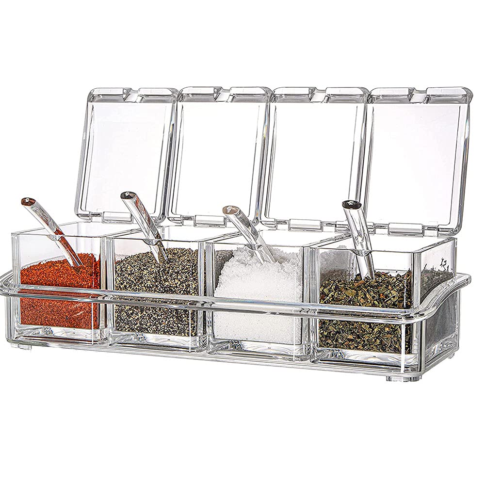 MDDZ 4 Piece Kitchen Spice Box, Transparent Spice Container, Acrylic Spice Compartments, Removable Spice Jars with Lid and Spoon for Sugar, Salt, Pepper, Spices, Plastic