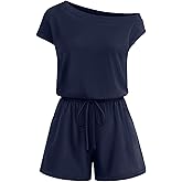 MEROKEETY Rompers for Women 2026 Summer Off The Shoulder Sleeveless Casual Beach Vacation Jumpsuits with Pockets