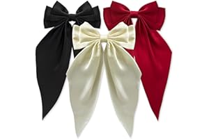 Loqpol 3 PCS Silky Satin Hair Bows, Oversized Long Tail Bows with Barrette Clips, Coquette Hair Accessories for Women and Girls (Black - Beige - Burgundy)