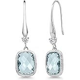 Gem Stone King 4.60 Cttw Simulated Aquamarine Drop Dangle Earrings for Women | 925 Sterling Silver | 13X9MM Cushion Checkerboard Cut | Fine Jewelry Gifts for Her Mom Women Wife