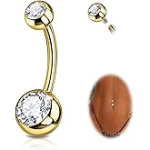 Beautidots 1PC/3PC G23 Titanium Belly Button Rings Internally Threaded Navel Barbell Piercing Jewelry 6mm 8mm 10mm 12mm 14mm 16mm of Length to Choose Round Cubic Zirconia Belly Rings for Women Men