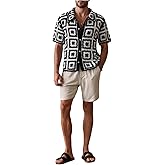 BEAUDRM Men's Geometric Hawaiian Crochet Shirt Hollow Out Beach Shirts Button Down Short Sleeve Collared Knit Tops