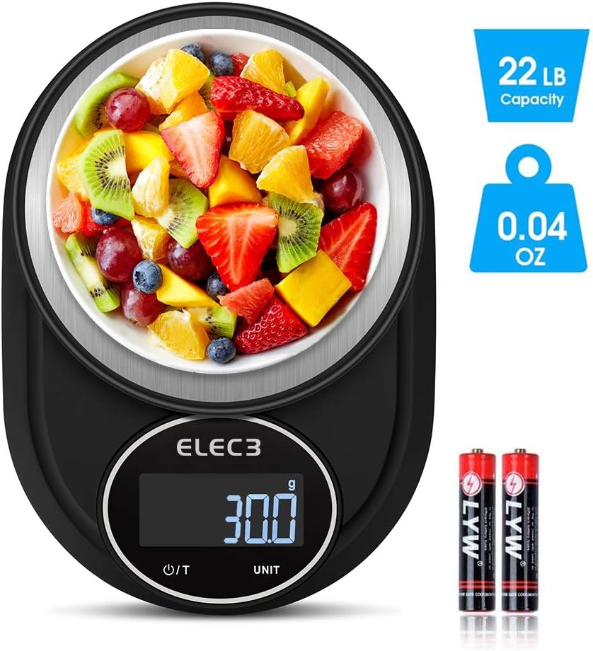 Digital Kitchen Food Scale, Elec3 Kitchen Weight Scales for Cooking & Baking, Ultra Slim/Multifunctional/Tare Function Measuring Scales- 22lb/10kg Capacity, 0.04oz/1g(Batteries Included)