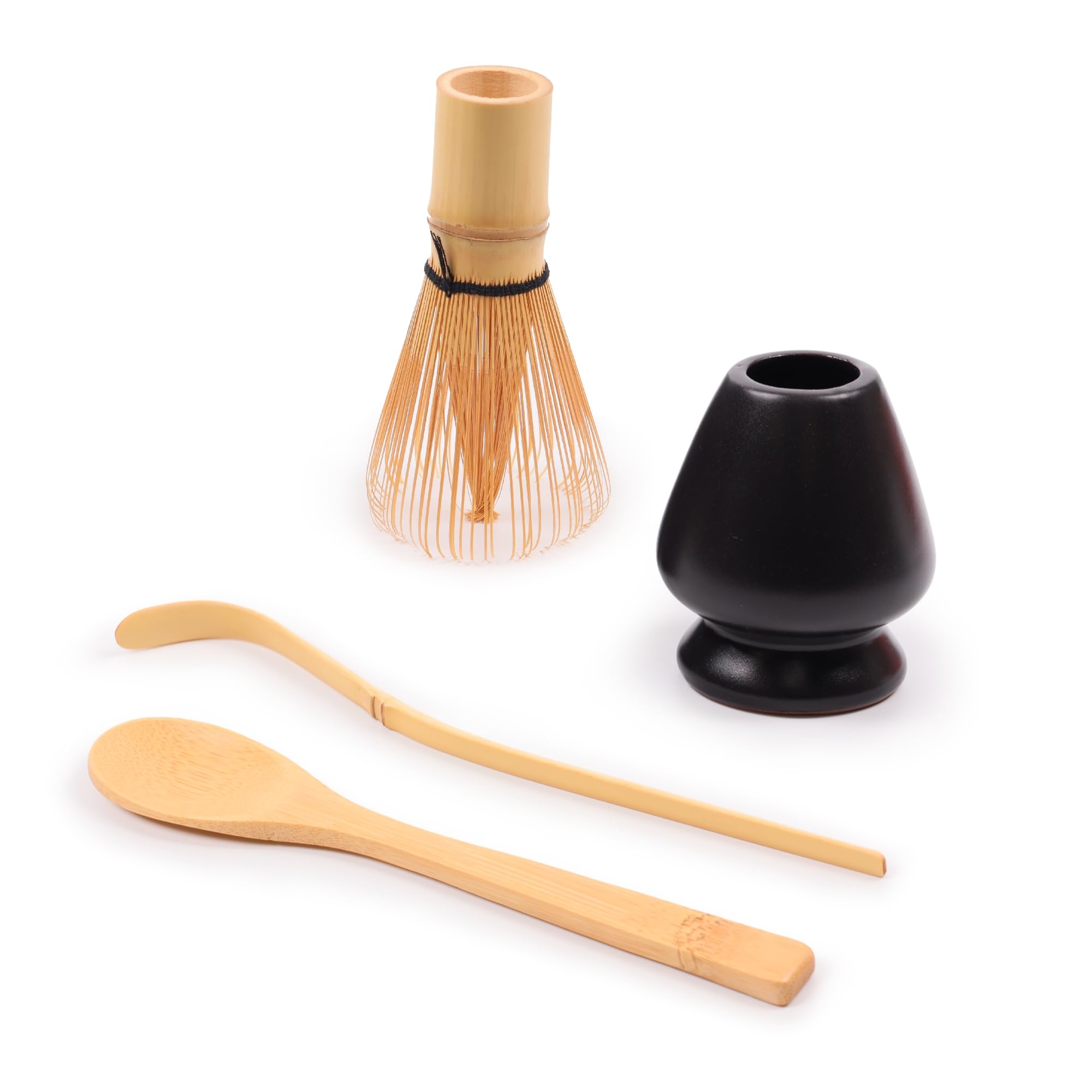 BambooMN Brand - Matcha Green Tea Whisk Set - Whisk + Scoop + Tea Spoon + Black Whisk Holder
